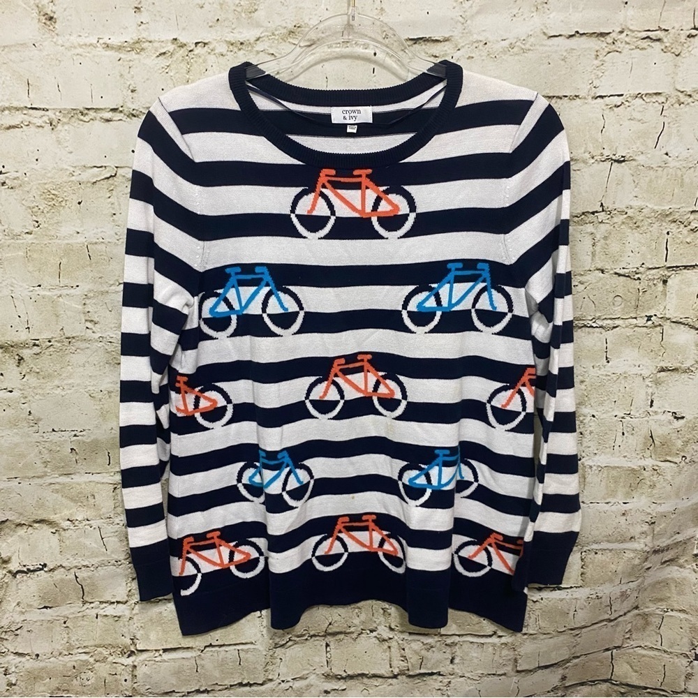 Crown & Ivy Blue White Striped Bicycle Vacation Travel Soft Sweater